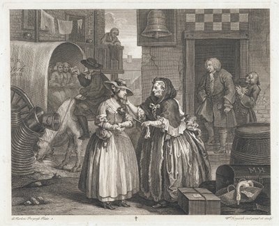 La chica inocente se convierte en ramera, diseñada 1732, impresa 1744 de William Hogarth