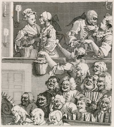 La audiencia risueña. Vista de Hogarth de Drury Lane con vendedoras de naranjas en 1733 de William Hogarth