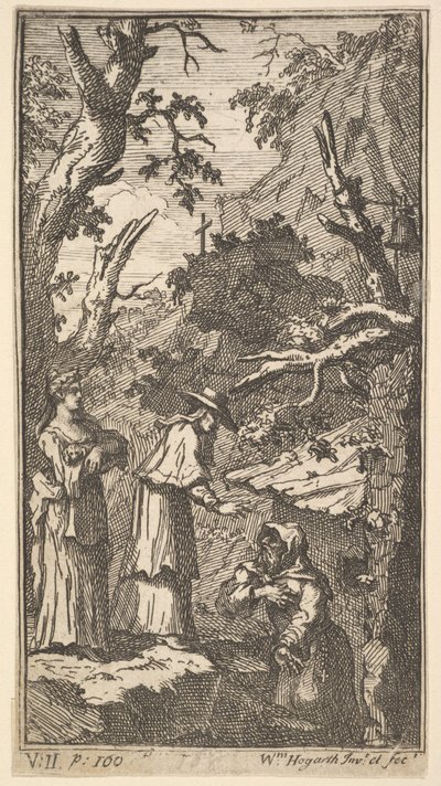 La nueva metamorfosis, Placa 7: El Cardenal, un ermitaño y Donna Angela sosteniendo a Fantasio, 1724 de William Hogarth