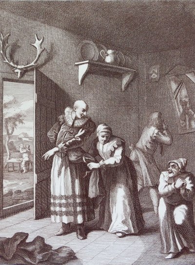 El cura y el barbero se disfrazan para llevarse a Don Quijote de William Hogarth