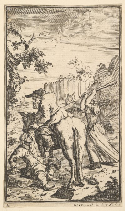 Trulla atacando a Hudibras, diecisiete pequeñas ilustraciones para Hudibras de Samuel Butler, 1721-26 de William Hogarth