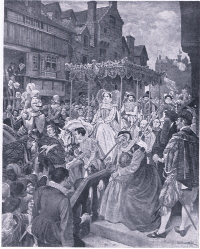 La entrada estatal de la Reina María en Edimburgo 1561, de la Historia del Pueblo Británico de Cassell publicada por la Waverley Book Company, c.1950