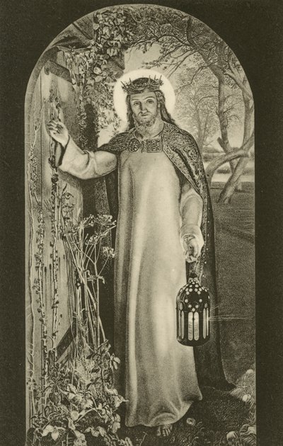 La Luz del Mundo, pintura en Keble College, Oxford, Oxfordshire, que representa a Cristo llevando una linterna y llamando a una puerta de William Holman (after) Hunt