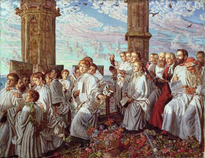Mañana de mayo en la torre del Magdalen College, Oxford, ceremonia anual antigua de William Holman Hunt