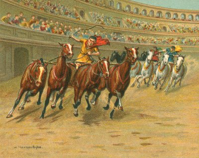 Carreras históricas y modernas, carreras de carros romanos (cromolitografía) de William Hounsom Byles