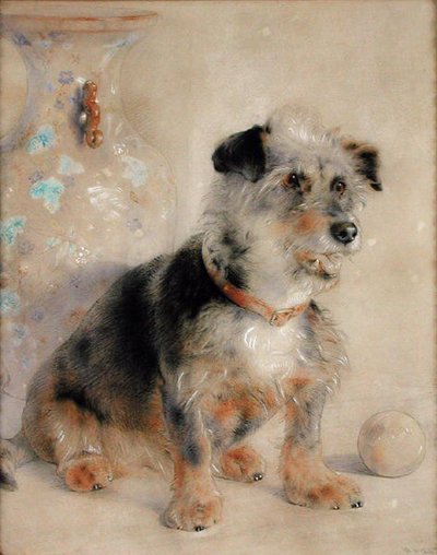 Terrier sentado frente a un jarrón Canton Famille Rose de William Huggins