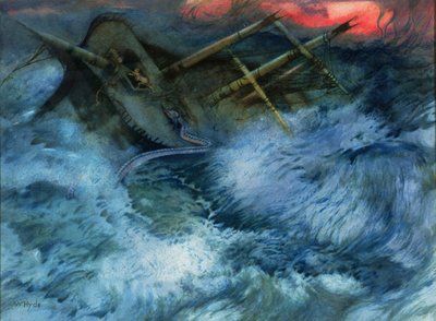 Barco naufragado con serpiente marina y tigres de William Hyde