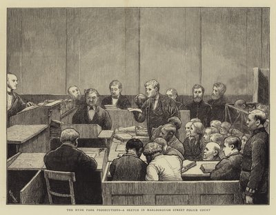 Las persecuciones en Hyde Park, un boceto en el Tribunal de Policía de Marlborough Street de William III Bromley