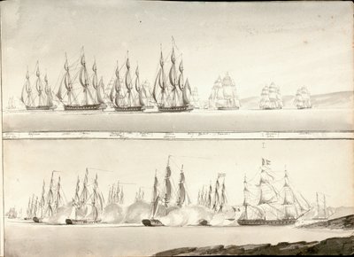 Diferentes modos de pintar línea de barcos de combate, principios del siglo XIX (pluma, aguada gris) de William Innes Pocock