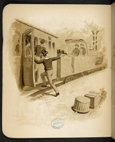 Subirse a un tren de vapor.  The Holiday Train: una canción de “Dulce Domum”... Ilustrado por W. J. Webb.  frederick langbridge  Londres, 1891 de William J. Webbe or Webb