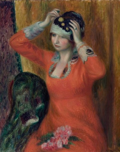 niña, en, vestido rojo, fijación, en, sombrero de William James Glackens