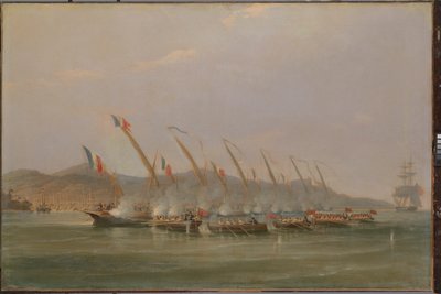 Capitán Robert Maunsell capturando cañoneras francesas frente a Java, julio de 1811, c.1811 (óleo sobre lienzo) de William John Huggins