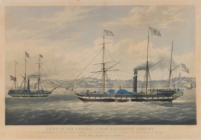 Buques de la Compañía General de Navegación a Vapor. El Caledonia, de 800 toneladas, saliendo de Hamburgo - El Neptuno, de 800 toneladas, entrando en el Elba a su paso por Hamburgo, con el correo de Su Majestad. de William John Huggins