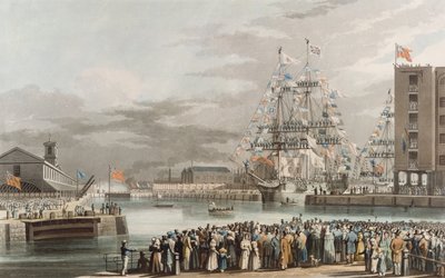 Muelle de St. Katherine: Apertura el 25 de octubre de 1828, grabado por E. Duncan de William John Huggins
