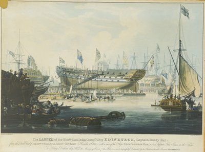 La botadura del buque "Edinburgh" de la Honorable Compañía de las Indias Orientales desde el astillero de Messrs Wigrams  Green Blackwall con una vista del buque "Abercrombie Robinson" en el muelle. de William John Huggins
