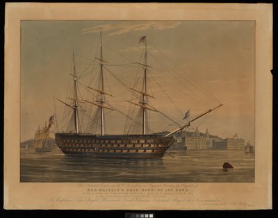 Este grabado nacional de W Read a partir de una pintura original de Huggins, del buque Howe de Su Majestad, de 120 cañones, con una vista del Hospital de Greenwich y el Observatorio, c... de William John Huggins