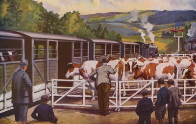 Un tren de ganado cargando en una estación rural (litografía en color) de William John Patton McDowell