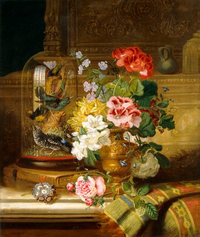 Un jarrón de flores variadas y pájaros cantores en un borde de William John Wainwright