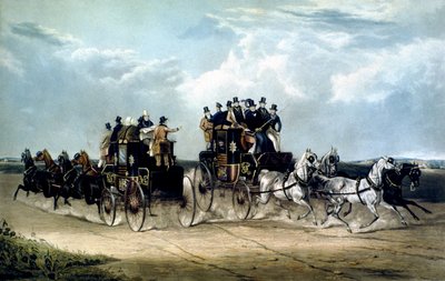 Los correos diurnos de Brighton pasando por Hockward Common, grabado por Charles Hunt de William Joseph (after) Shayer
