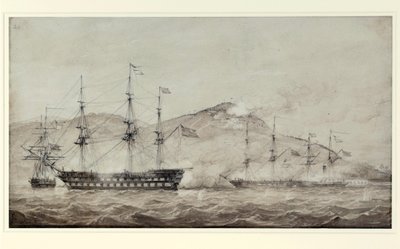 Los buques HMS "Wellesley", "Columbine" y "Grisel", frente a Amoy (China), en 1841. Lavis de William Joy