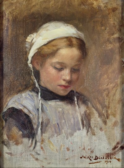 Niña joven con un delantal azul, 1914 de William Kay Blacklock