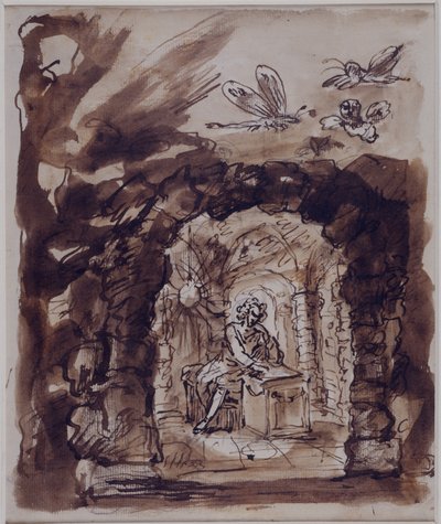 Alexander Pope en su gruta, c.1730 (Pluma y tinta con lavado marrón sobre lápiz sobre papel) de William Kent