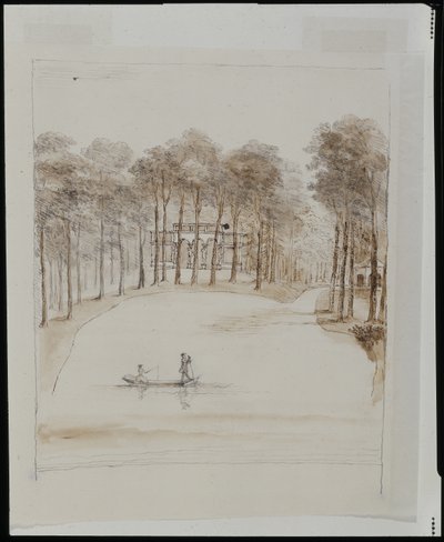 Casa de aves en Chiswick; estanque con una pareja en un bote, la mujer pescando de William Kent