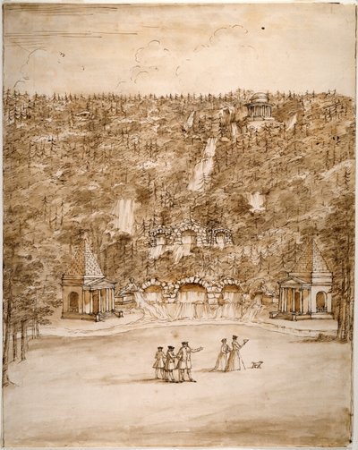 Chatsworth: diseño para una cascada, principios de la década de 1740 (pluma y tinta marrón con lavado marrón sobre lápiz sobre papel) de William Kent