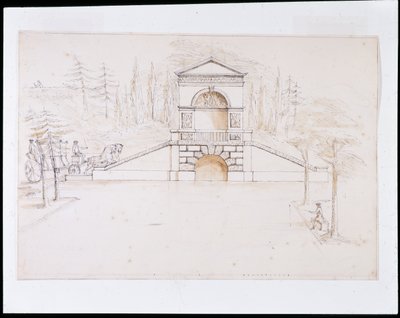 Chiswick, diseño para una cascada con frontón combinada con un puente de carretera al final del canal de William Kent