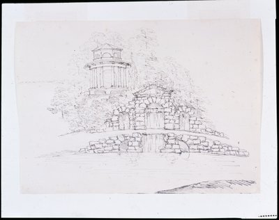 Chiswick, diseño para una cascada rocosa con un templo dórico octogonal en la terraza trasera de William Kent