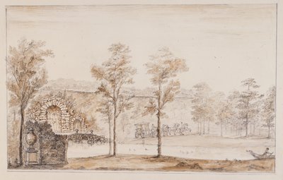 Chiswick, diseño para una cascada rústica y puente contra la terraza de William Kent