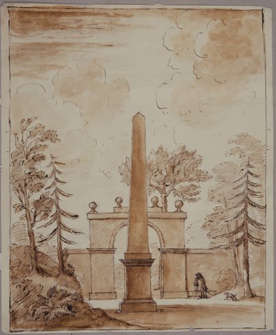 Chiswick, vista de la Puerta de Burlington Lane, el Obelisco en primer plano, y Kent con perro de William Kent