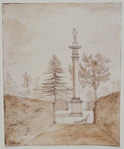 Chiswick, vista de la Columna Dórica con la estatua de Venus de Medici, y un vistazo al lado de la casa de los ciervos de William Kent