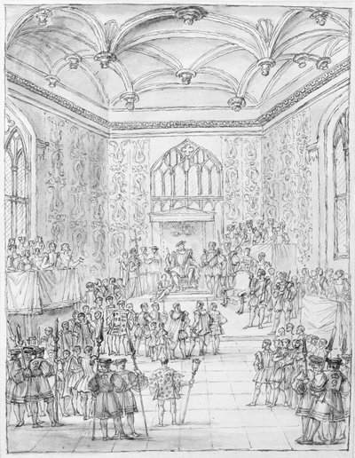 Enrique VIII recibiendo a Montmorency, el embajador francés, en Hampton Court de William Kent