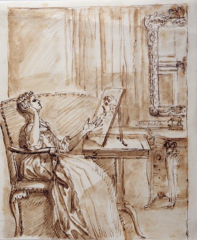 Lady Burlington sentada en su Sala de Jardín admirando un dibujo de un Viejo Maestro (?) de William Kent
