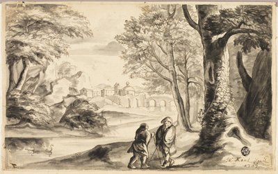 Dos viajeros bajo un árbol con un pueblo y un puente en la distancia de William Kent