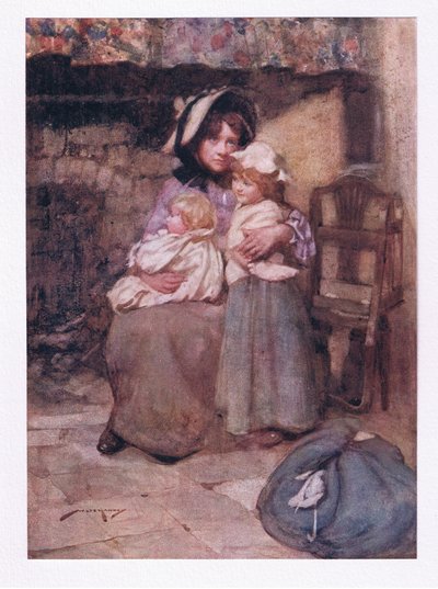 Y besó a sus desconsiderados bebés con muchas lágrimas, y los estrechó, con dolor doblemente querido (litografía en color) de William Lee Hankey