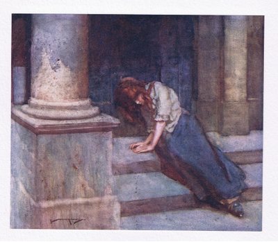 Y, pellizcado de frío, y encogiéndose ante el chaparrón, con el corazón encogido deplora aquella hora sin suerte (litografía en color) de William Lee Hankey