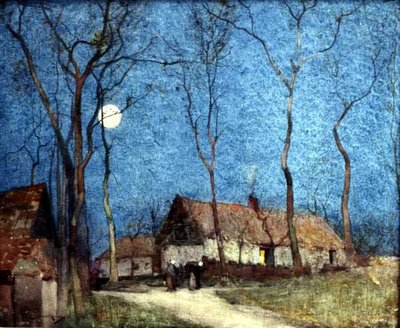 Figuras en un pueblo iluminado por la luna (acuarela sobre lino) de William Lee Hankey