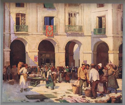 Mercado de pescado de Dieppe, extraído de "Allies in Art", publicado hacia 1925 (litografía en color). de William Lee Hankey