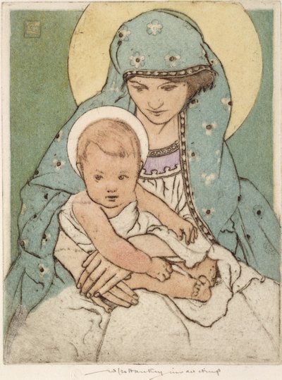 Virgen María con el Niño Jesús (punta seca coloreada a mano) de William Lee Hankey