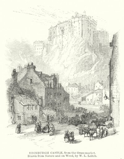 Castillo de Edimburgo, desde el Mercado de la Hierba (grabado) de William Leighton (after) Leitch