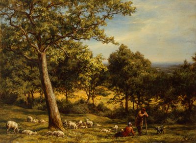 Un pastor y su rebaño en un paisaje boscoso iluminado por el sol de William Linnell