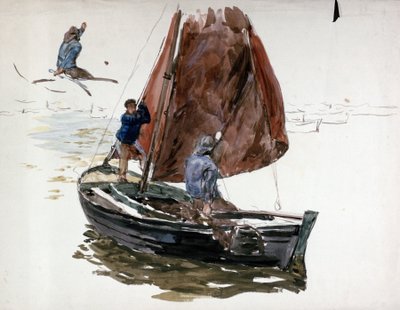 Un hombre y un niño a bordo de un pequeño velero. Acuarela de William Lionel Wyllie