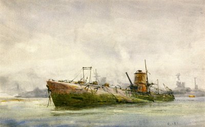 Un submarino rendido y varado, Portsmouth de William Lionel Wyllie