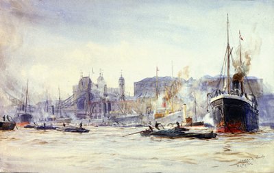 Escena de actividad a lo largo del muelle de Irongate, en el Támesis (Inglaterra), con el Tower Bridge a lo lejos. de William Lionel Wyllie