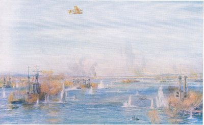 Bombardeando los estrechos, 18 de marzo de 1915, de Cassells History of the British People publicado por la Waverley Book Company Limited, c.1940 de William Lionel Wyllie