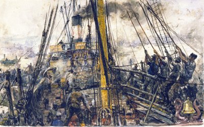 Recogedores de carbón a bordo de un barco, levantando la carga de carbón de la bodega de carga mediante un sistema de poleas. de William Lionel Wyllie