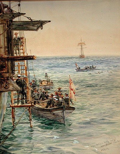 Fiesta del Eclipse Saliendo del H.M.S. Theseus, Santa Pola de William Lionel Wyllie