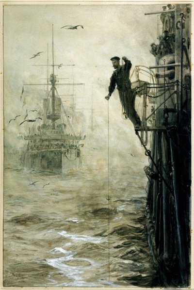 Encuentra tu camino a través de la niebla, con un marinero en equilibrio sobre la pista, sosteniendo una plomada, en primer plano para medir la profundidad del agua. de William Lionel Wyllie